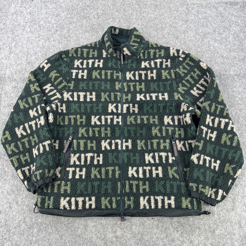 Kith Sherpa Pinehurst Fleece Jacket Mens Medium Green AOP Logo All Over Print